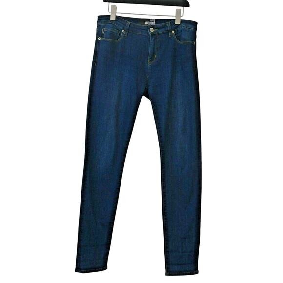 Love Moschino Dark Wash Stretchy Denim Slim Leg Rhinestone Logo Jeans Size 31